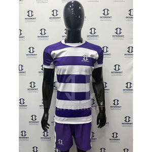 Uniforme de rugby sublimé de haute qualité, respirant, à séchage rapide, maillot et short de rugby rayés violet et blanc pour l'entraînement en équipe - Product Image 1