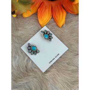 Southwest Handmade Multi Stone <b>Sterling</b> <b>Silver</b> Flower <b>Stud</b> <b>Earrings</b> - Product Image 3