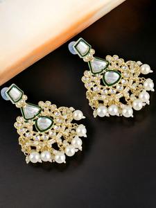 Gold Plated Kundan <b>Pearl</b> Bridal <b>Necklace</b> <b>Set</b> with Green Enamel Earrings Maang Tikka Indian Wedding Jewellery - Product Image 5