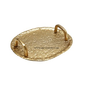 Exclusive Quality <b>Gold</b> Plated Kitchen Ware Food Serving <b>Tray</b> With Flower Design Handle Vintage Oval Handcrafted Fruit <b>Tray</b> - Product Image 4
