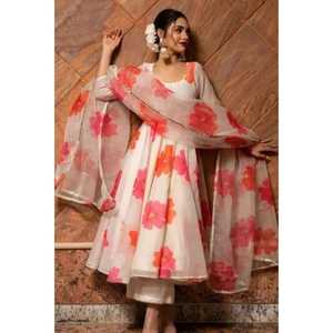 Ra mắt thiết kế mới lễ hội mặc anarkali váy vải georgette với công việc in hoa trắng - Product Image 1