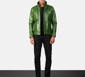 Chaqueta de moto de cuero verde Vintage de verano de alta calidad para hombre, cinturón tejido con cuello levantado, bolsillos delanteros, botones cubiertos, cremallera - Product Image 5