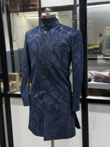 Traje Sherwani de Novio de Diseño 2026, con Chaqueta y Pantalones, Color Azul Medianoche, con Lentejuelas, Achkan para Novio, Venta al Por Mayor - Product Image 4