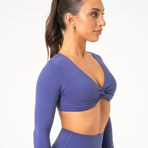 Tops cortos de manga larga con nudo índigo para mujer de alta demanda, camisetas cortas elásticas Súper suaves y transpirables para entrenamiento Fitness para mujer - Product Image 3