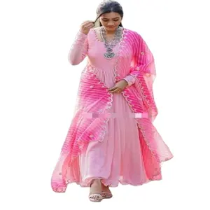 印花Anarkali Kurti配裤子和Dupatta派对穿套装长Anarkali礼服配重刺绣设计师