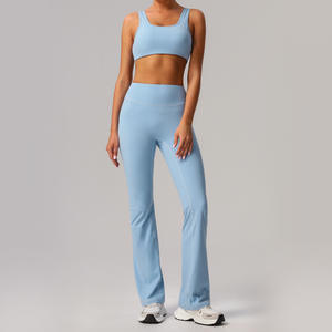 Ropa deportiva de alta intensidad para mujer de secado rápido, traje de yoga transpirable: sujetador + pantalones acampanados ajustados de cintura alta - Product Image 5