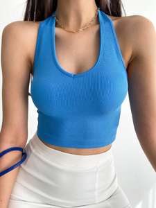 Camisetas sin mangas cortas azules sin espalda con cuello en V personalizadas para mujer, diseño corto sin mangas acanalado ajustado de verano a la moda, hecho de tela de punto - Product Image 2
