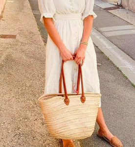 Panier de marché français de qualité supérieure avec panier à fruits en cuir, sac en paille - Product Image 1
