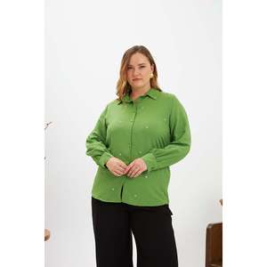 RMG Plus Size Green Stone Detail Woven Polyester Shirt for Women - Elegant Casual Long Sleeve Blouse <b>Top</b> - Product Image 1