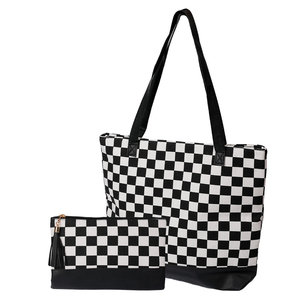 กระเป๋าผ้าแคนวาสลายตารางหมากรุกสำหรับผู้หญิง  กระเป๋าถือสะพายไหล่ลายตารางหมากรุก  สำหรับช้อปปิ้งและเดินทาง  พร้อมโลโก้แบบกำหนดเอง - Product Image 2