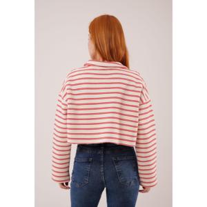 Sudadera Corta con Cuello Polo a Rayas Rojas para Mujer, Sudaderas con Capucha y Sudaderas al por Mayor - Product Image 1