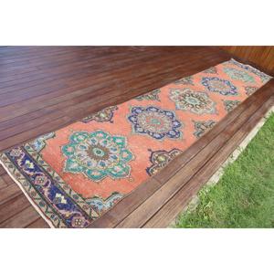 2,4x12,7 ft Vintage Rug, Turkish <b>Runner</b> Rug, <b>Red</b> Blue Animal Print Rug - Product Image 2