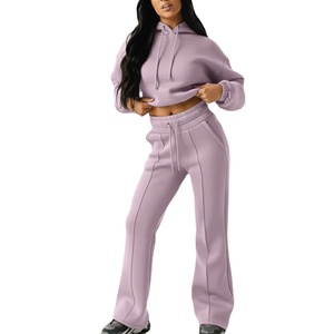 Conjunto Deportivo de Invierno para Mujer, Estilo Urbano, 100% Algodón, Transpirable, Sudadera con Capucha, Pantalones Acampanados de Cintura Alta - Product Image 1