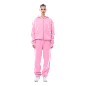 Custom <b>Pink</b> <b>Tracksuit</b> Women Two Piece Set Zip Up Hoodie And Sweatpants - Product Image 1