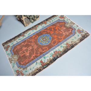 Turkish Rug, 3.2x5.2 ft Vintage Rug, <b>Brown</b> Blue Bordered <b>Wool</b> Rug - Product Image 2
