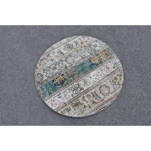 Tapis turc vintage 3 pieds x 3 pieds beige et vert, tissage plat en laine, éco-responsable, patchwork, avec support en latex pour la décoration de la salle à manger - Product Image 2