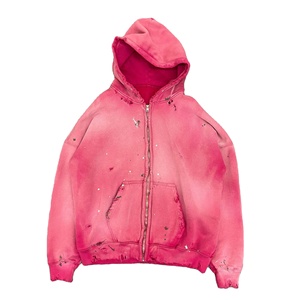 Personalizado 100% algodón pesado de gran tamaño recortado gota hombro Sudadera con capucha desgastada ácido lavado Zip Up Sudadera con capucha para los hombres - Product Image 1