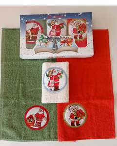 Ensemble de torchons de cuisine en coton brodés, style populaire pour la rentrée scolaire, motifs Père Noël et Mère Noël, décorations thématiques rouge, vert, blanc, Istanbul - Product Image 1