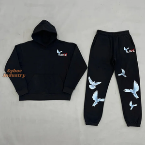 Ensembles de sweat à capuche et de pantalons pour hommes respirant biologique 420 coton GSM élégant sérigraphie personnalisée surdimensionné à capuche garçons pantalon évasé - Product Image 5