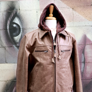 Veste en cuir à capuche pour homme, en cuir de vache brun clair, classique, nouvelle collection 2025, imperméable, haute qualité, mode d'hiver, MOQ 2 pièces, moto - Product Image 3