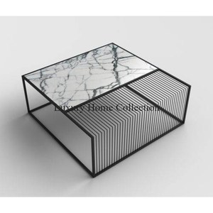 Table basse et console en métal de forme carrée, aspect attrayant fait main enduit de poudre de couleur noire avec dessus autocollant design en marbre - Product Image 1
