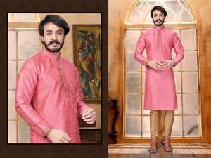 Manyavar Style Maruti Mode MF167 Hommes Mariage Indien/Pakistanais Ethnique Soie Kurta Pyjama Prix de Gros Multicolore Feuille - Product Image 2