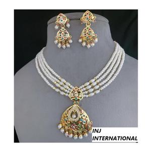 Premium Quality Jadau Gold-Plated <b>Set</b> Handcrafted Vintage Style Brass <b>Jewelry</b> with <b>Pearl</b> Main Stone for Weddings and Parties - Product Image 1