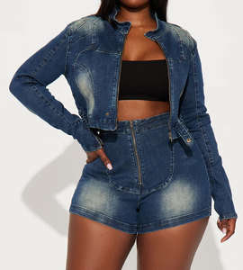 Conjunto de mezclilla para mujer, chaqueta vaquera corta de manga larga, pantalones cortos, traje vaquero, chándal Cargo de calle, conjunto de dos piezas, trajes de Fitness - Product Image 4