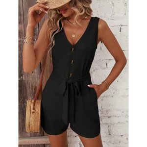 Mono aeróbico corto con tiras y cuello en V para mujer, con botones frontales y cintura con cordón, 35805 - Negro - Product Image 2