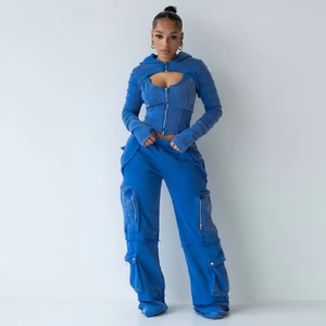 Nueva llegada mujeres Multi cremallera Cargo bolsillos chándal 100% algodón polar 550 GSM chándales - Product Image 6