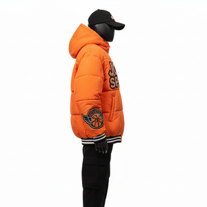 High Quality 380 GSM Puffer <b>Jacket</b> <b>Soft</b> <b>Shell</b> Polyester Fabric Custom Embroidery Logo Flame Style Puffer <b>Jacket</b> for <b>man</b> - Product Image 5