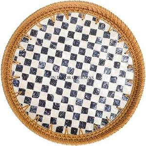 Centre de table de mariage et de fête desservant un plateau en rotin de forme ronde avec incrustation de nacre Design attrayant - Product Image 2