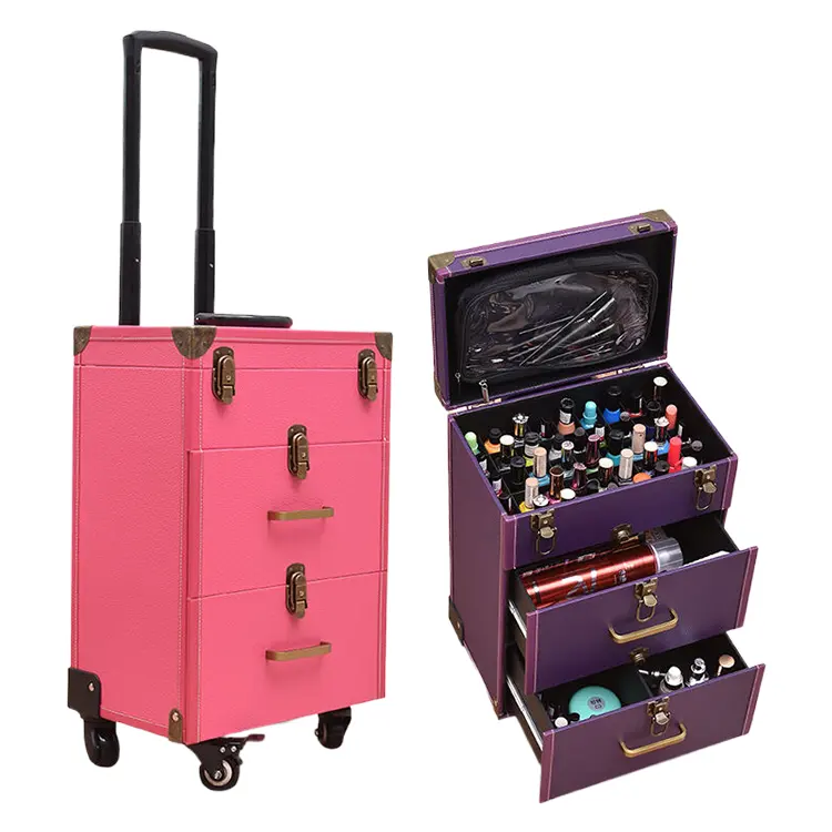 Rolling Travel casing kereta bergulir, dengan cermin laci Makeup Rolling kereta kosmetik