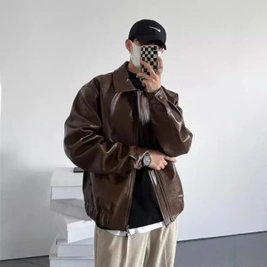 Elegant Vintage Motorcycle Pu Leather <b>Jacket</b> for <b>Men</b> Trendy Style Cropped Leather <b>Jacket</b> Casual Loose Fit Fall <b>Winter</b> <b>Jacket</b> - Product Image 2