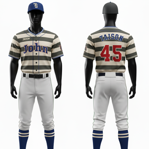 Uniforme d'équipe de baseball pour hommes, jersey à panneaux rayés en polyester haute performance 160 GSM, pantalon blanc, nom et numéro personnalisés en twill - Product Image 1