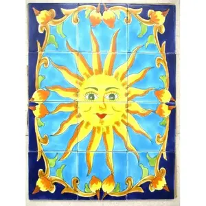 18 \ "X 24 \" Azulejo de cerámica pintado a mano Arte Mural Panel SOL Azul Backsplash - Product Image 1