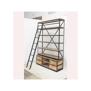 ชั้นหนังสือเหล็กบันไดไม้ตกแต่งเฟอร์นิเจอร์ในร่มสไตล์อุตสาหกรรมกรอบโลหะสีดำพร้อมพื้นไม้ - Product Image 2