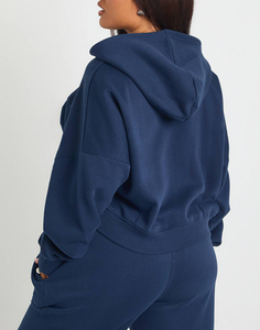 Sudadera con Capucha de Alta Calidad en Poliéster/Algodón con Cierre de Latón, Logotipo Personalizado, Lavado Ácido, Color Azul Marino Sólido, Estilo Corto y Holgado para Mujer - Product Image 6