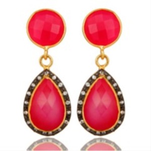 Pendientes de plata de ley 925 con gema de Calcedonia, pendientes redondos con forma de pera - Product Image 1