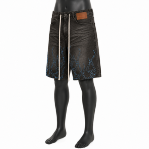 Pantalones Cortos Vaqueros Personalizados de Mezclilla Lavada Estilo Vintage para Hombre, Holgados, Estilo Urbano, con Pedrería y Diseño de Llama, OEM ODM, Marca Privada, Venta al por Mayor - Product Image 3