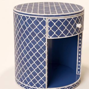 Table de chevet ronde bleue avec motif géométrique et un seul tiroir, meuble de rangement moderne pour chambre à coucher - Product Image 5