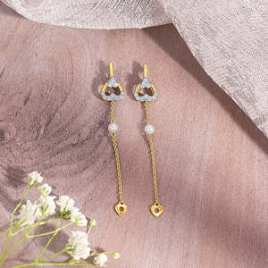 Heartline Gold & <b>Diamond</b> Drop Dangler <b>Earrings</b> Trendy Religious Style <b>Pearl</b> Accent Zinc Alloy & Brass - Product Image 1