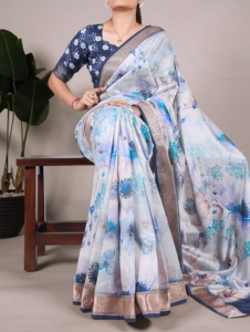 Sarees en soie Tasar imprimés de luxe avec bordure en viscose et chemisier à fleurs pour les détaillants et les revendeurs de mode ethnique B2B - Product Image 6