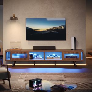 Mueble de Entretenimiento de Madera Extra Largo, Estilo Moderno de Mediados de Siglo, con Iluminación LED, Mueble para TV con Vidrio Estriado, Muebles para Sala de Estar - Product Image 3