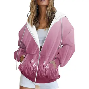 Zip up Hoodies Của Phụ Nữ Vòng Cổ Áo Mới Hoa Sơn Dầu In Dài Tay Áo Tops Mùa Đông Phụ Nữ Giản Dị Hoodies