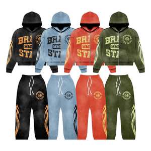 Sudadera con capucha y cremallera lavada con ácido personalizada vintage y ropa informal para correr holgada personalizada con cordón en la cintura chándal - Product Image 1