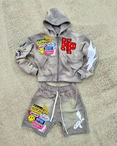 Otoño Full Zip up Sudadera con capucha y conjunto corto Chándales de verano Logotipo personalizado Puff Print Sweatsuit Sudaderas con capucha y pantalones cortos Conjunto Hombres - Product Image 2