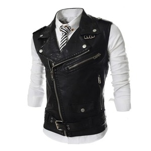 Chaleco de cuero genuino ajustado para hombre de estilo callejero sólido de invierno con cuello en V y cadena Duo Pull - Product Image 2