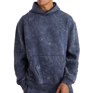 <b>Men's</b> Heavy Weight 100% Cotton <b>Fleece</b> <b>Hoodie</b> Oversized Vintage Stone Washed Look with Embroidered Logo for Spring Season - Product Image 1