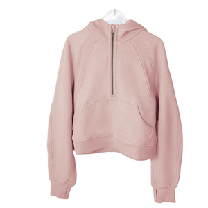 Sudadera corta con capucha y media cremallera rosa claro para mujer, jersey de lana de algodón con bolsillo, sudadera informal cálida - Product Image 1